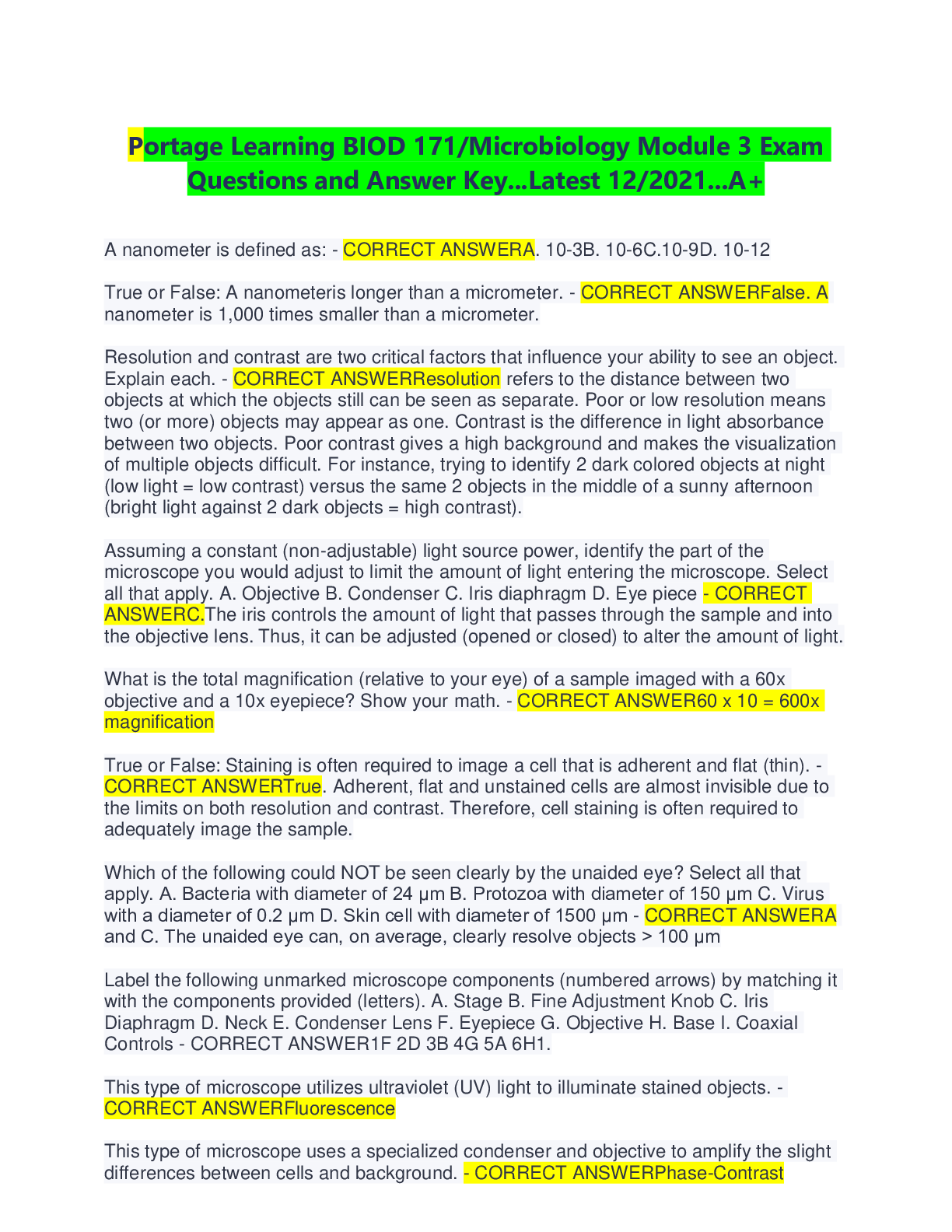 Preview image for Portage Learning BIOD 171/Microbiology Module 3 Exam Questions and Answer Key...Latest 12/2021...A+